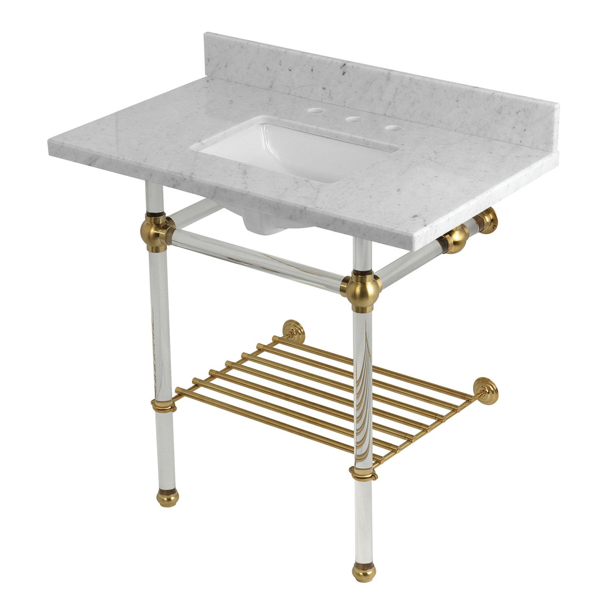 Templeton KVPB36MASQB7 36-Inch Console Sink with Acrylic Legs (8-Inch, 3 Hole), Carrara Marble/Brushed Brass