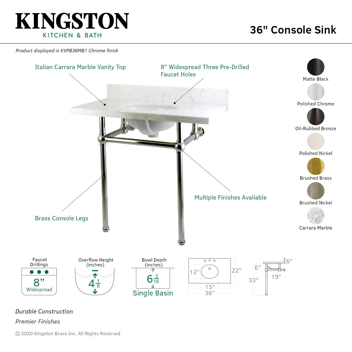 Fauceture KVPB36MB1 36-Inch Marble Console Sink with Brass Feet, Carrara Marble/Polished Chrome