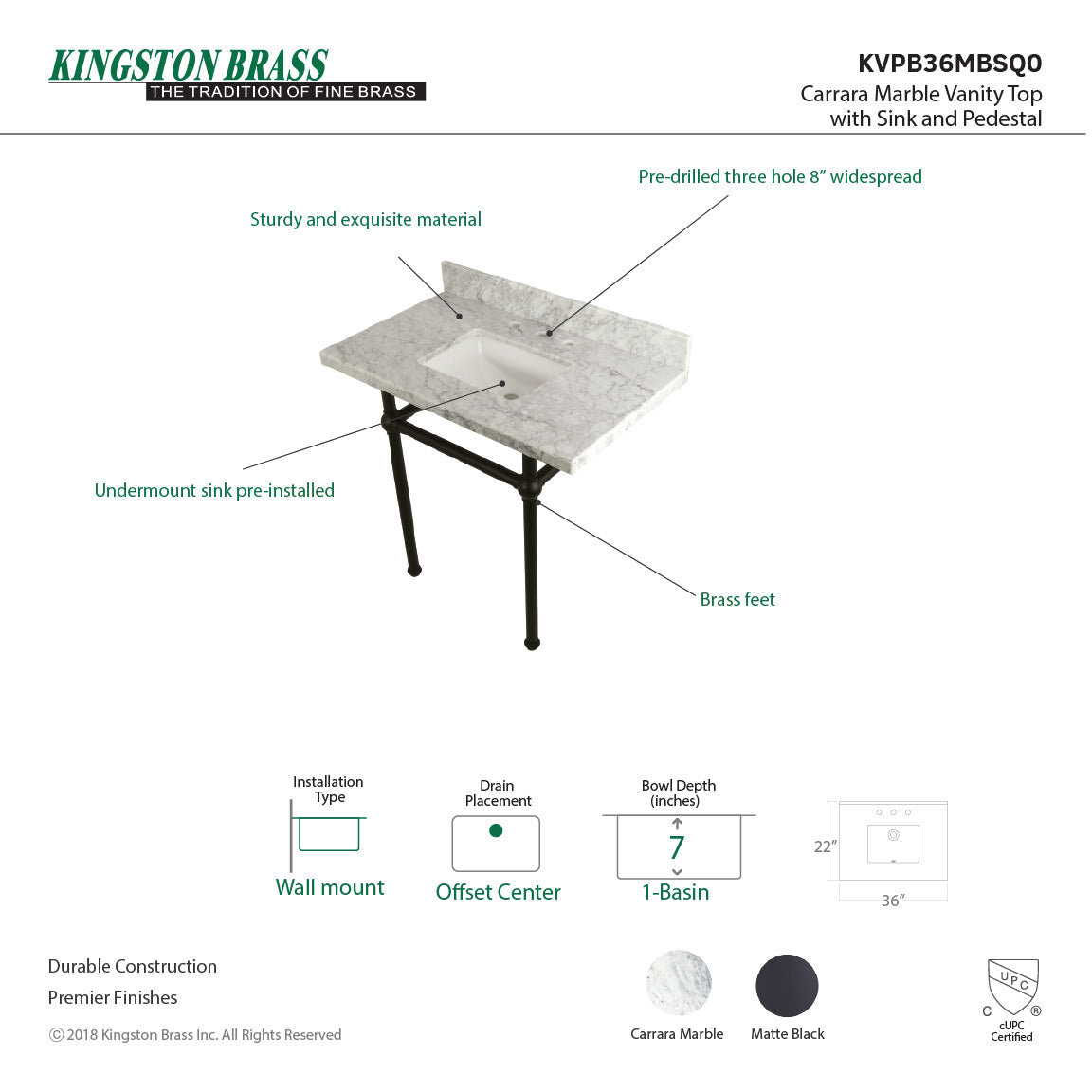 Fauceture KVPB36MBSQ0 36-Inch Marble Console Sink with Brass Feet, Carrara Marble/Matte Black