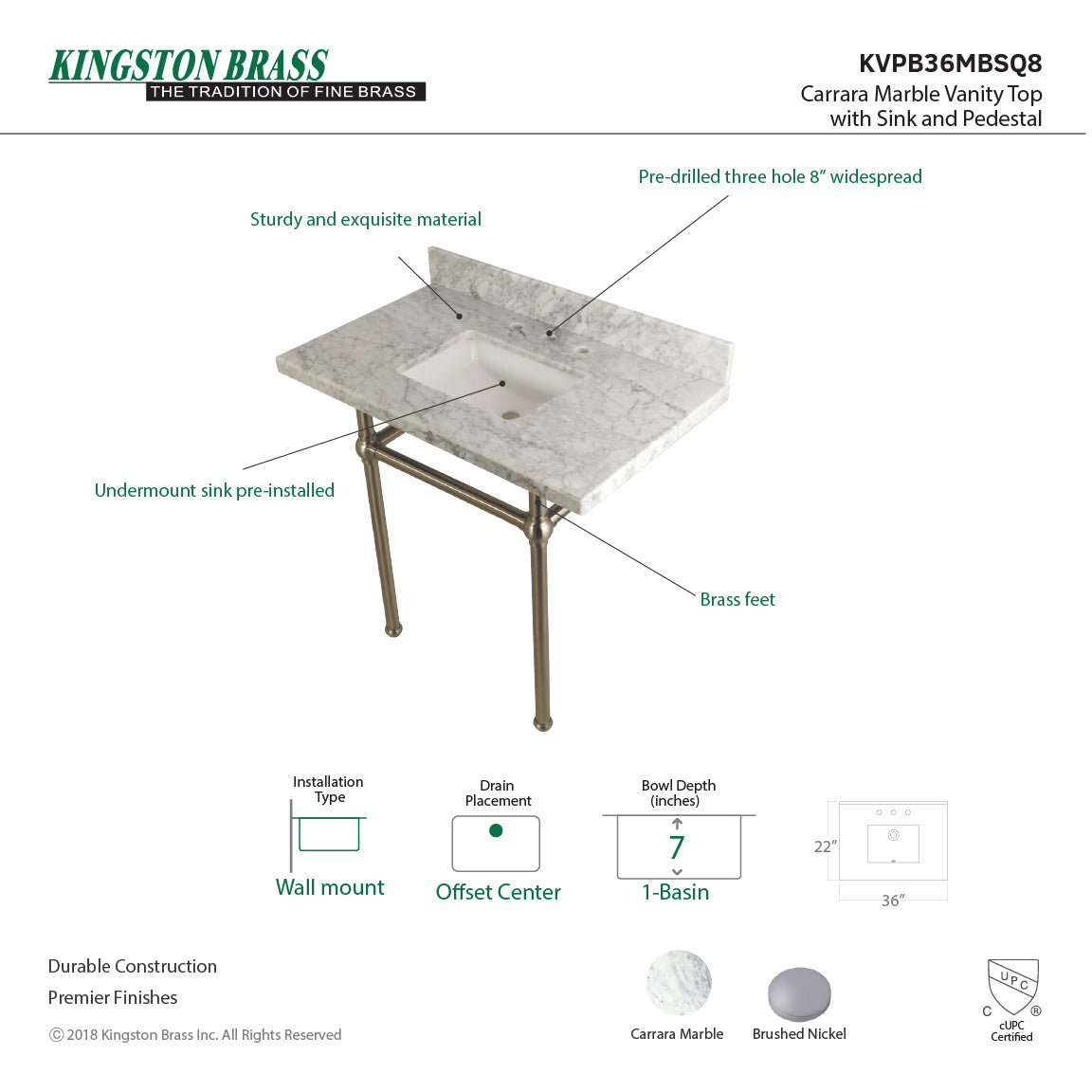 Fauceture KVPB36MBSQ8 36-Inch Marble Console Sink with Brass Feet, Carrara Marble/Brushed Nickel