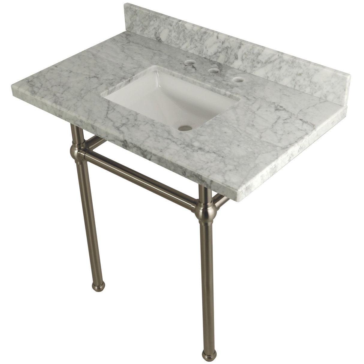 Fauceture KVPB36MBSQ8 36-Inch Marble Console Sink with Brass Feet, Carrara Marble/Brushed Nickel