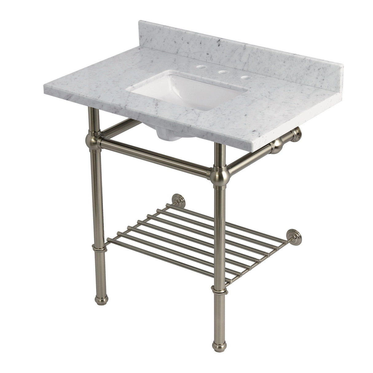 Templeton KVPB36MBSQB8 36-Inch Console Sink with Brass Legs (8-Inch, 3 Hole), Carrara Marble/Brushed Nickel
