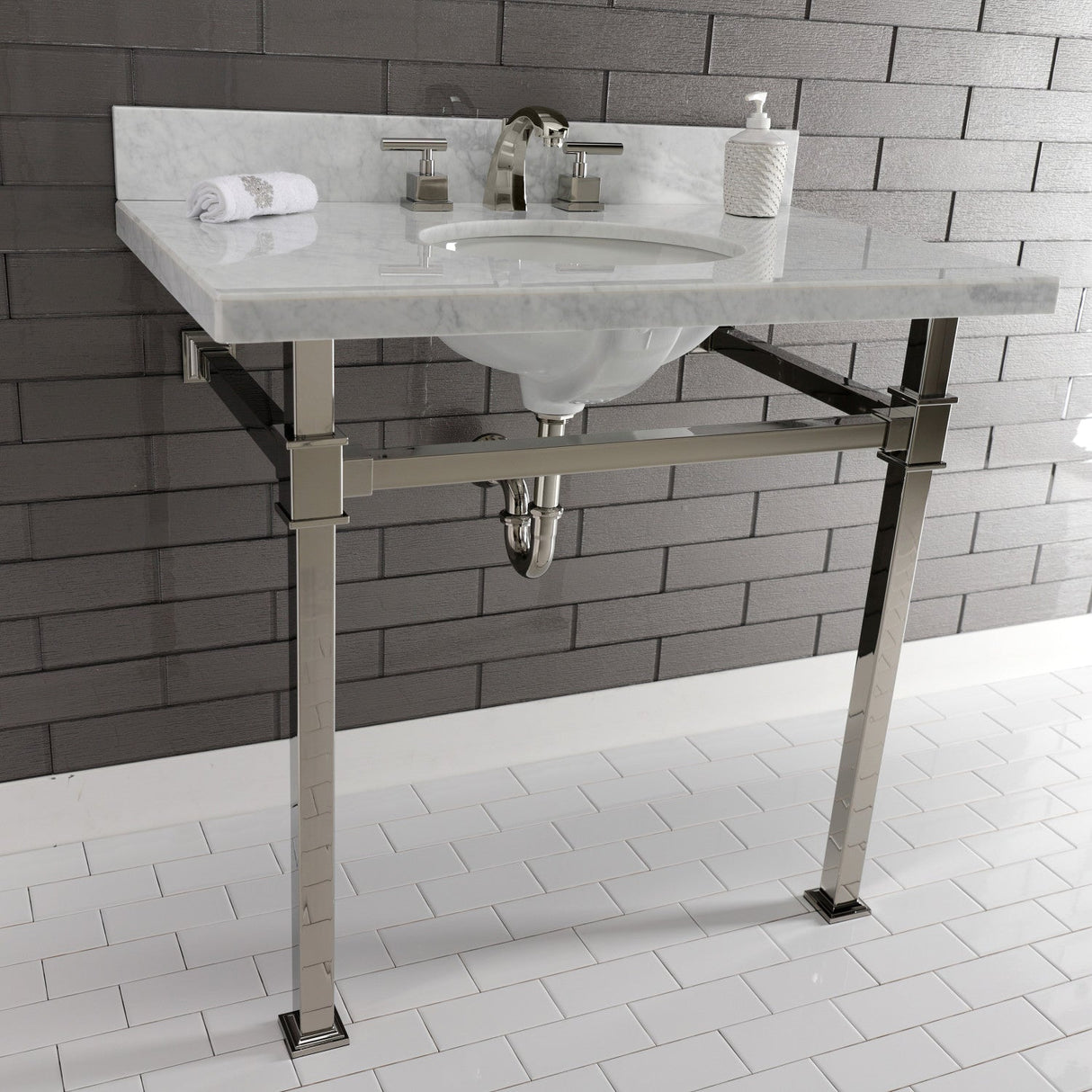 Fauceture KVPB36MOQ6 36-Inch Carrara Marble Console Sink, Marble White/Polished Nickel