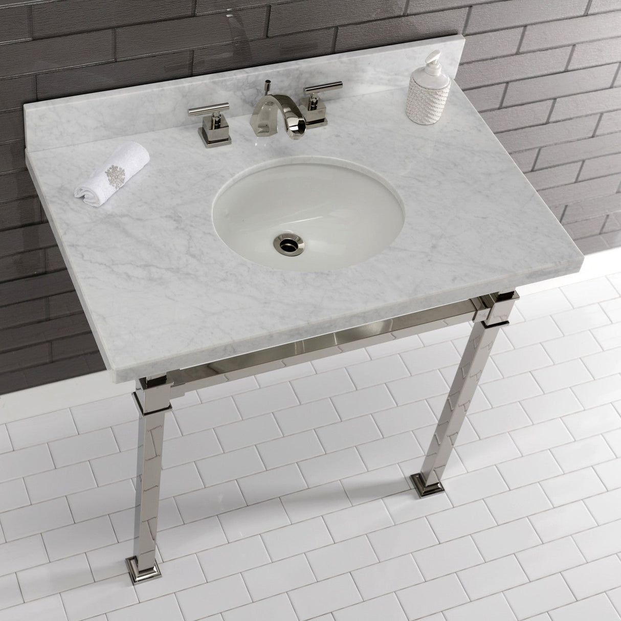 Fauceture KVPB36MOQ6 36-Inch Carrara Marble Console Sink, Marble White/Polished Nickel