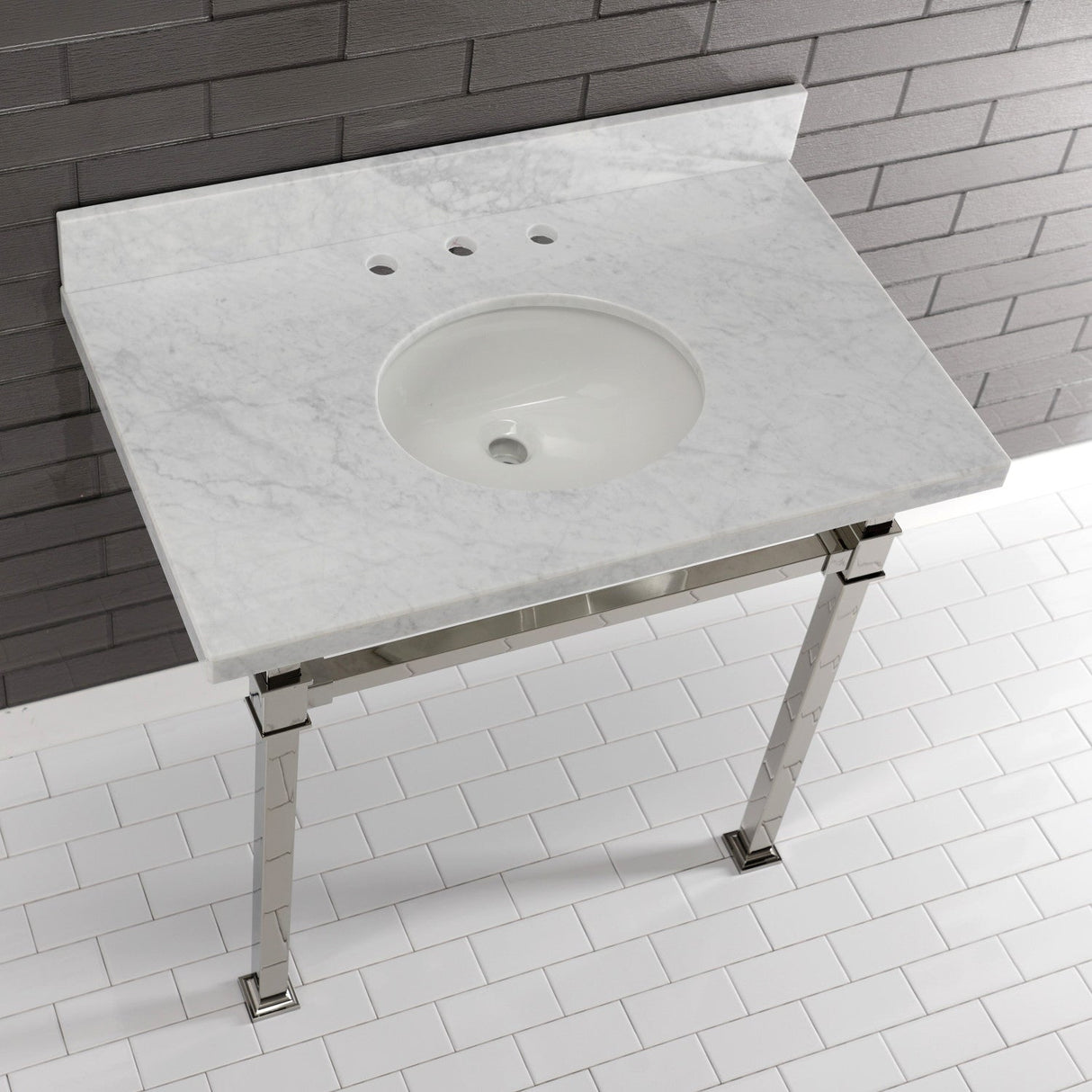 Fauceture KVPB36MOQ6 36-Inch Carrara Marble Console Sink, Marble White/Polished Nickel