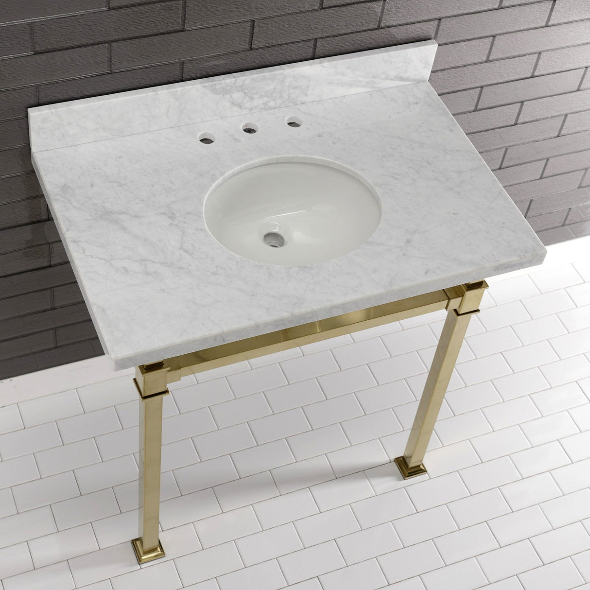 Fauceture KVPB36MOQ7 36-Inch Carrara Marble Console Sink, Marble White/Brushed Brass