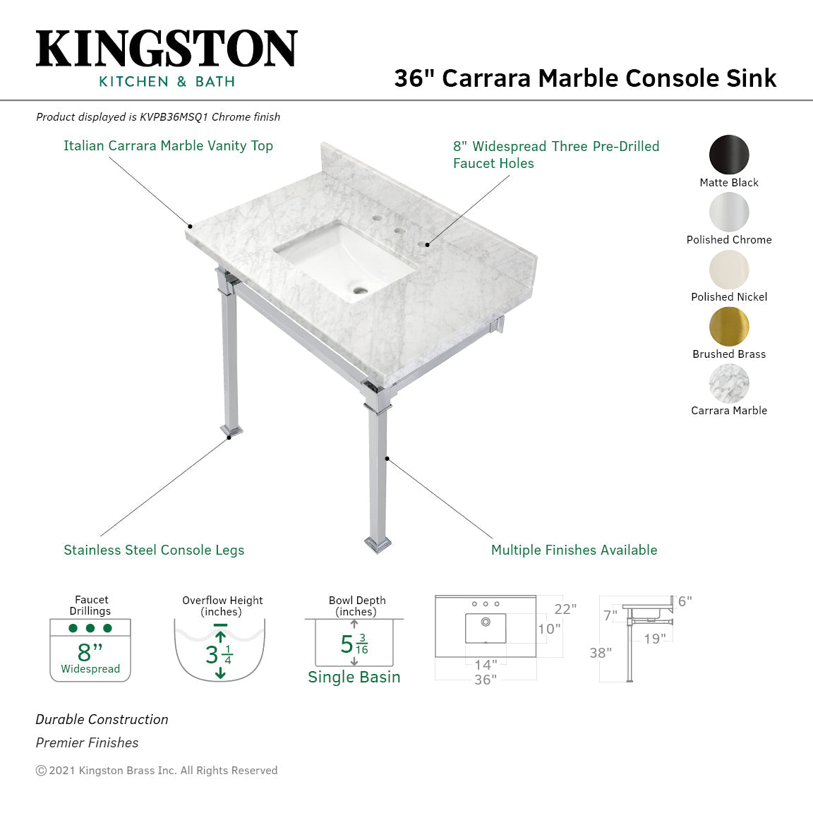 Fauceture KVPB36MSQ6 36-Inch Carrara Marble Console Sink, Marble White/Polished Nickel