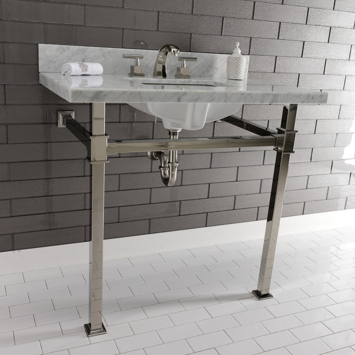 Fauceture KVPB36MSQ6 36-Inch Carrara Marble Console Sink, Marble White/Polished Nickel