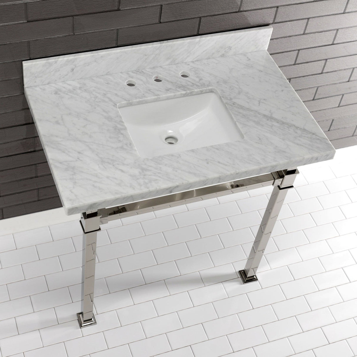 Fauceture KVPB36MSQ6 36-Inch Carrara Marble Console Sink, Marble White/Polished Nickel