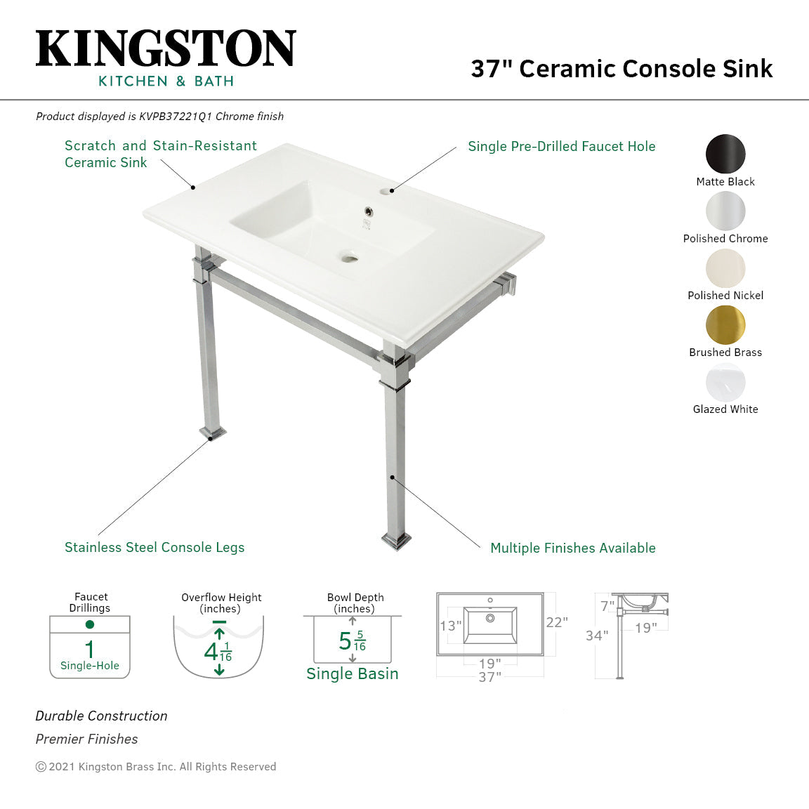 Fauceture KVPB37221Q6 37-Inch Ceramic Console Sink Set, White/Polished Nickel