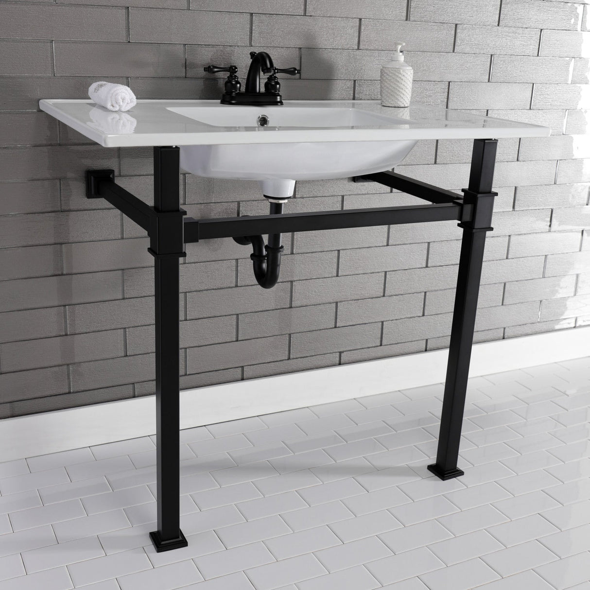 Fauceture KVPB37224Q0 37-Inch Ceramic Console Sink Set, White/Matte Black