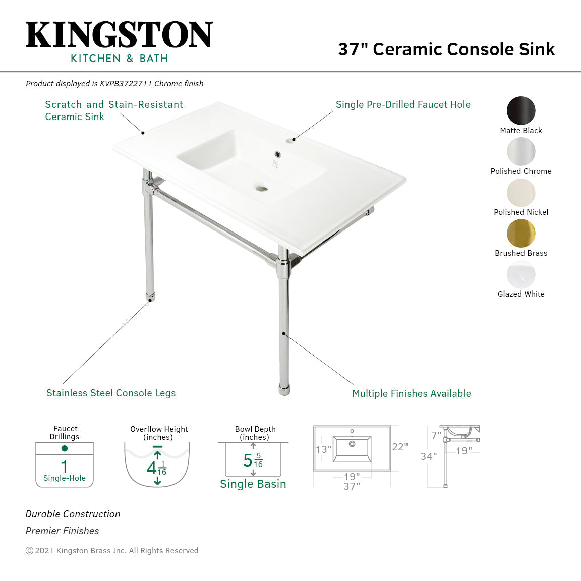 Dreyfuss KVPB3722716 37-Inch Ceramic Console Sink Set, White/Polished Nickel