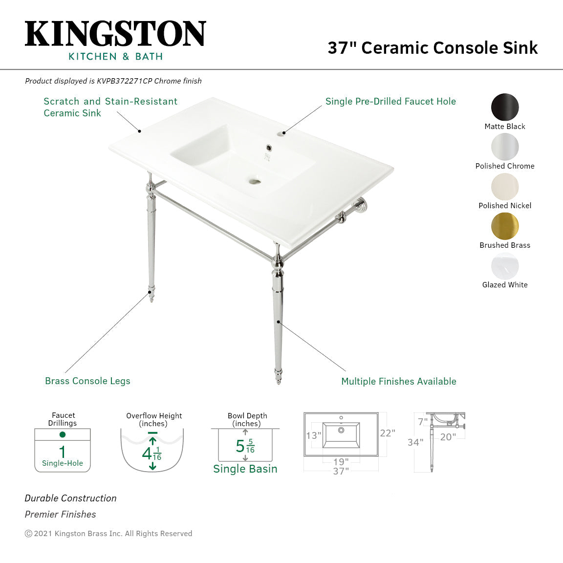 Edwardian KVPB372271BB 37-Inch Ceramic Console Sink Set, White/Brushed Brass