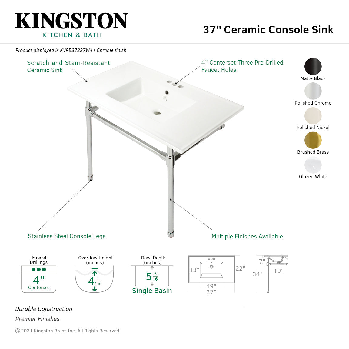 Dreyfuss KVPB37227W40 37-Inch Ceramic Console Sink Set, White/Matte Black