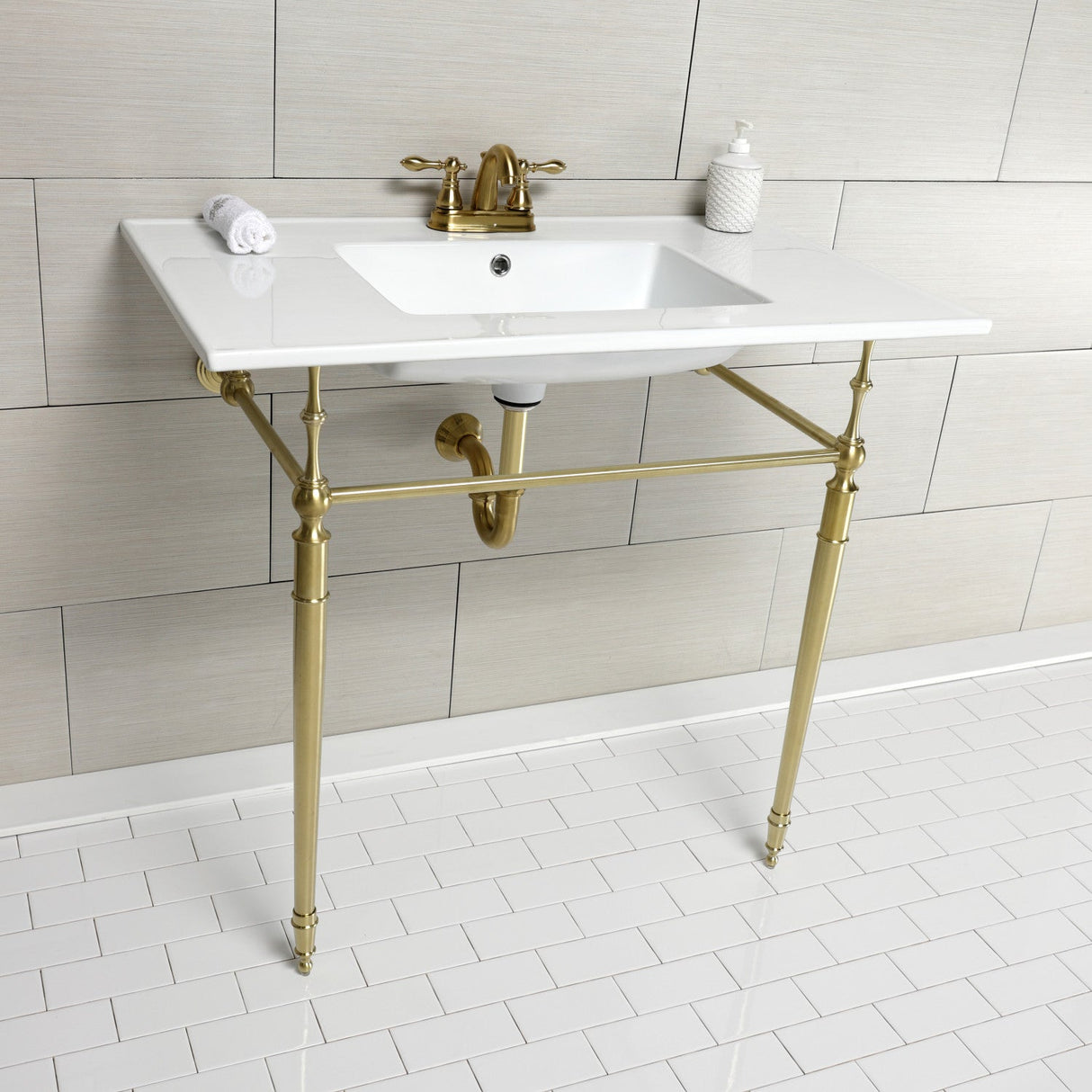 Edwardian KVPB37227W4BB 37-Inch Ceramic Console Sink Set, White/Brushed Brass