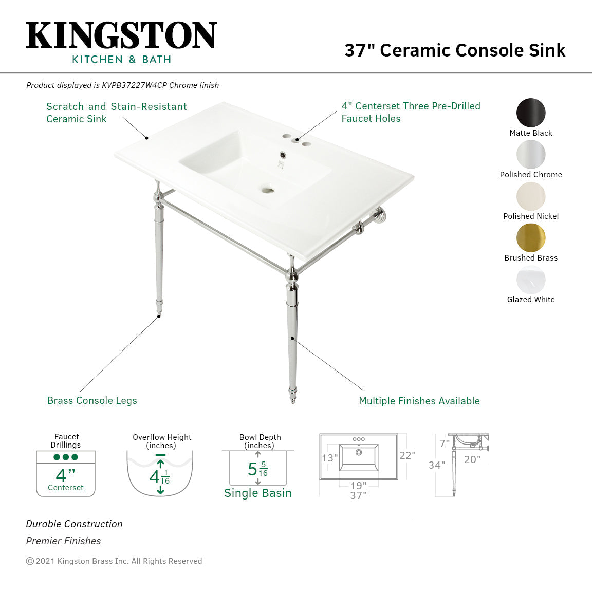 Edwardian KVPB37227W4CP 37-Inch Ceramic Console Sink Set, White/Polished Chrome