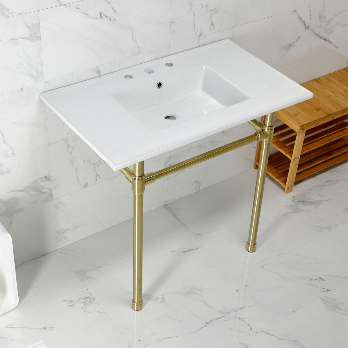 Dreyfuss KVPB37227W87 37-Inch Ceramic Console Sink Set, White/Brushed Brass
