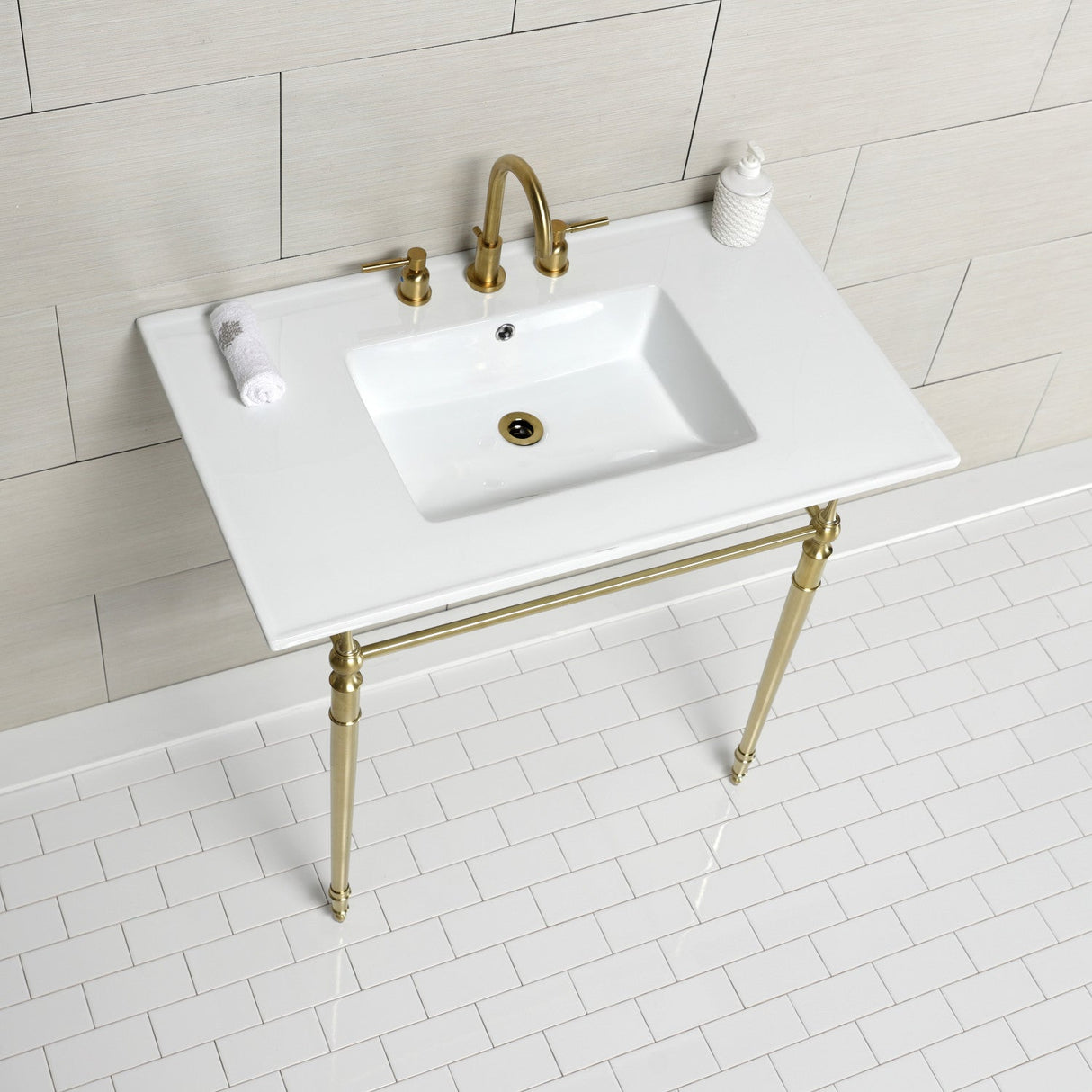 Edwardian KVPB37227W8BB 37-Inch Ceramic Console Sink Set, White/Brushed Brass