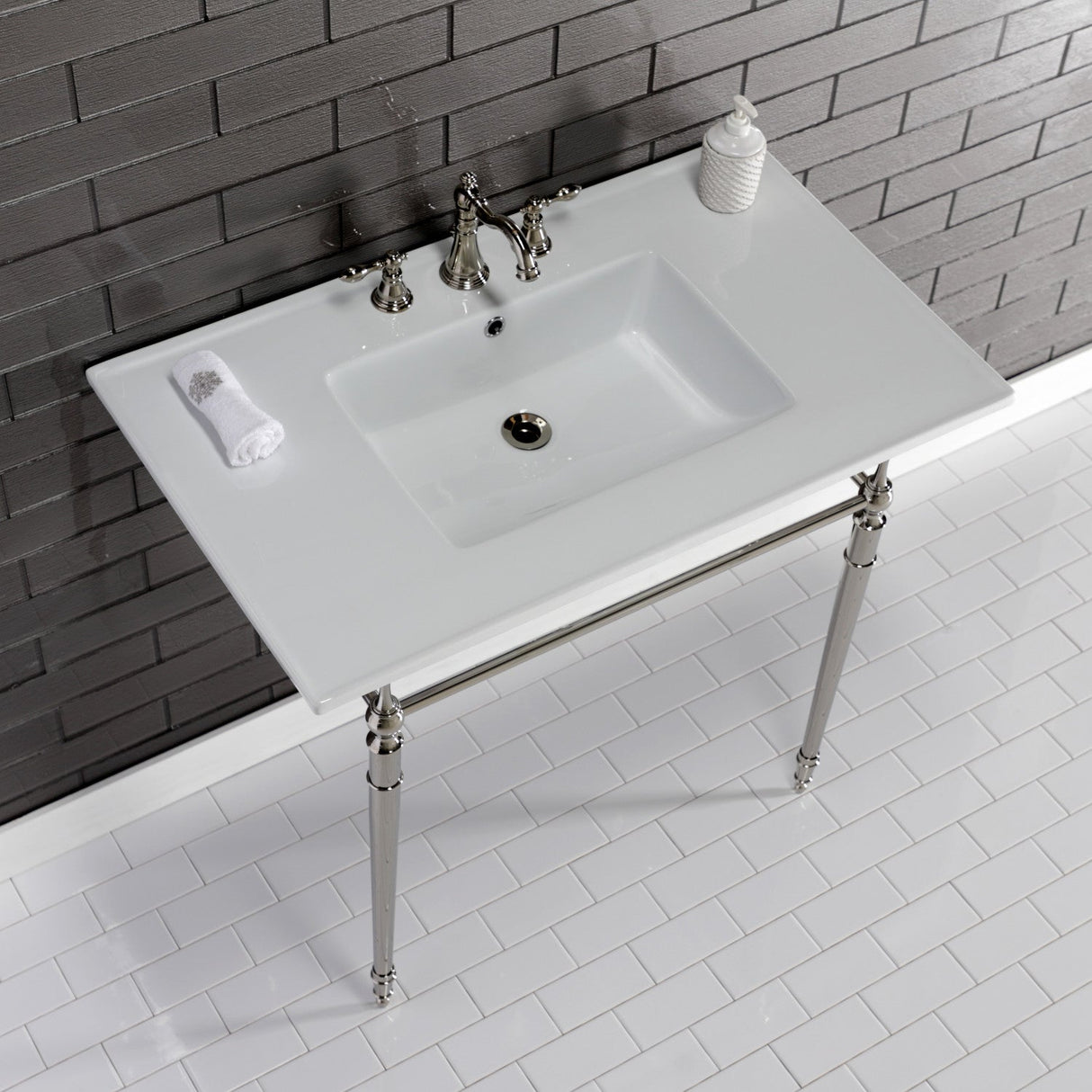 Edwardian KVPB37227W8PN 37-Inch Ceramic Console Sink Set, White/Polished Nickel