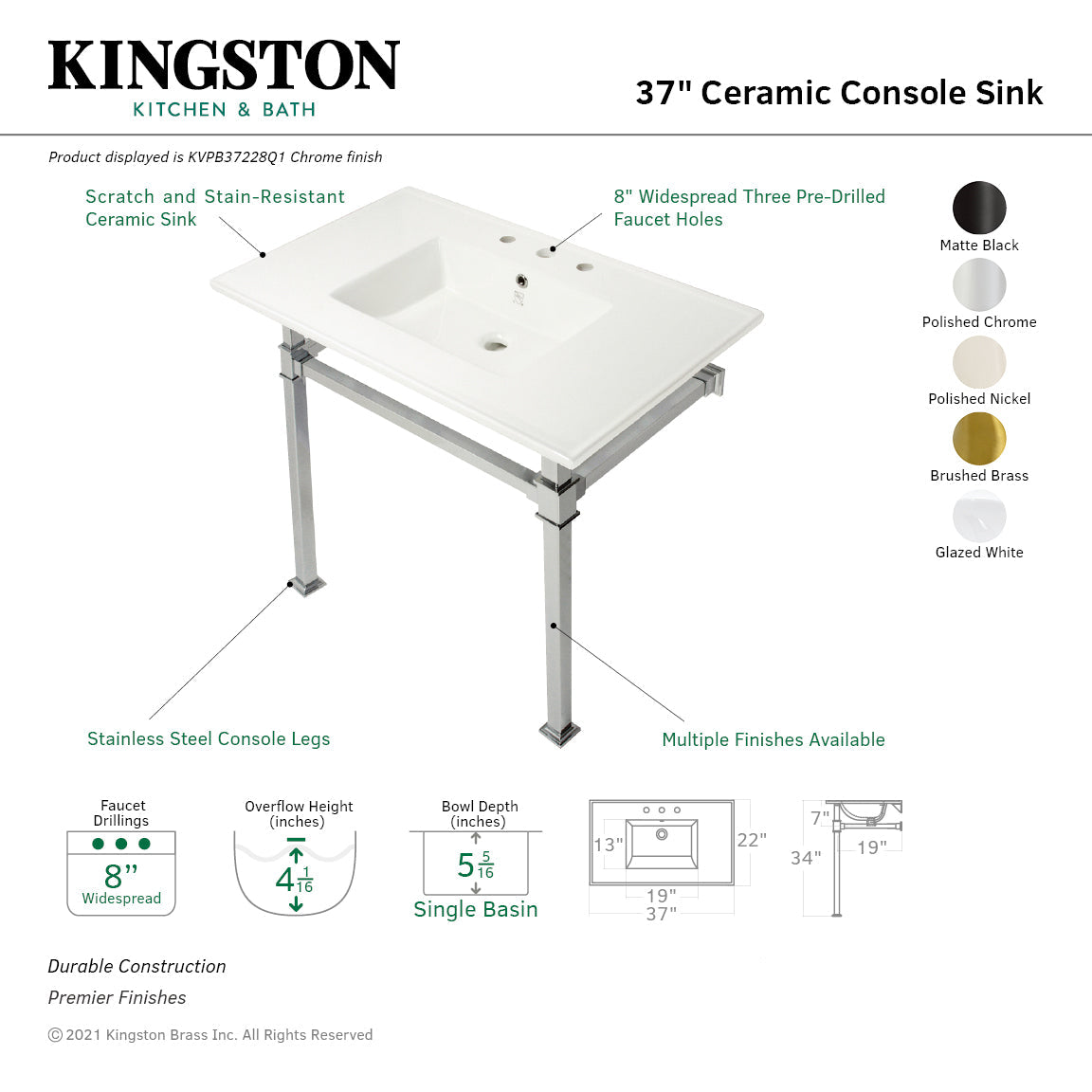 Fauceture KVPB37228Q0 37-Inch Ceramic Console Sink Set, White/Matte Black