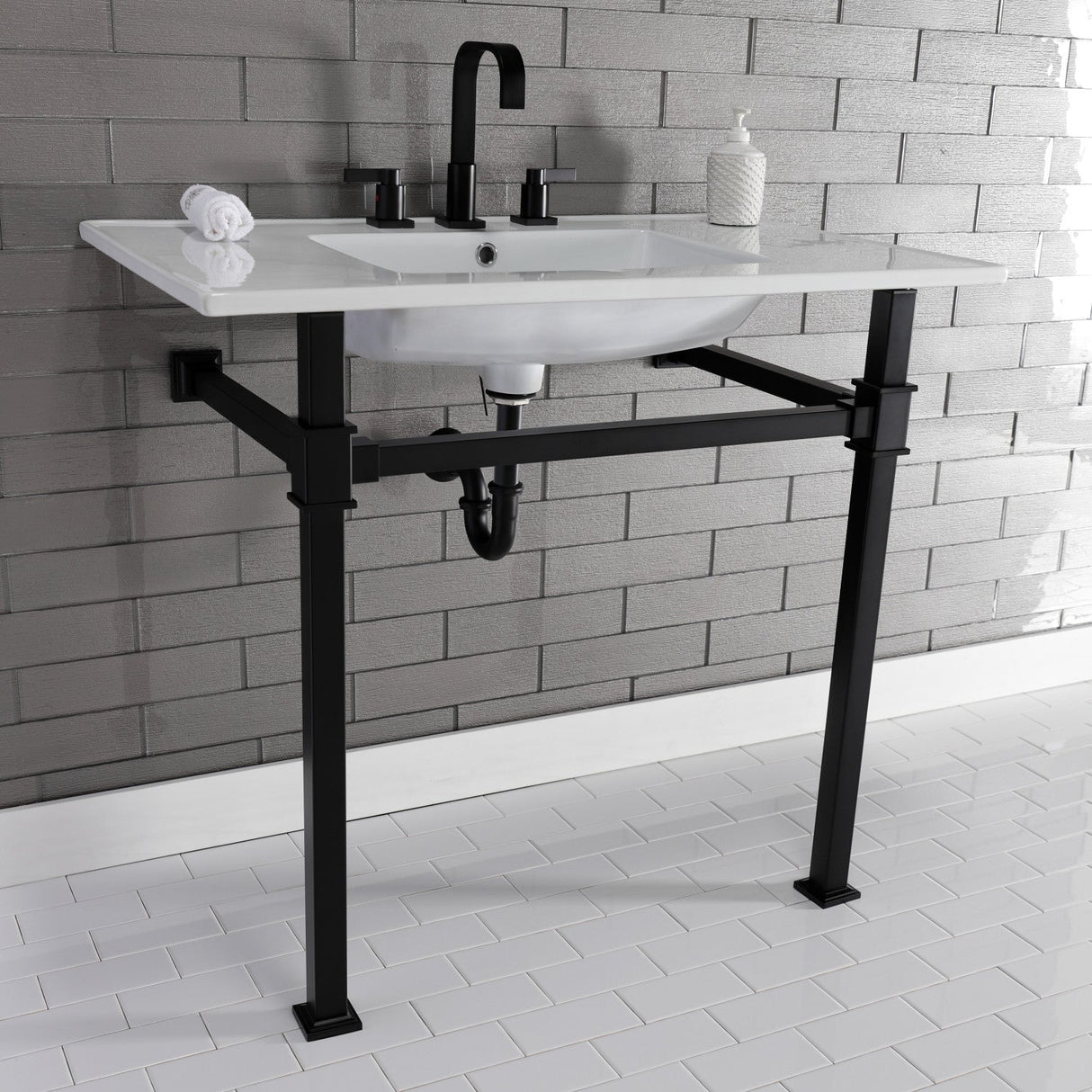 Fauceture KVPB37228Q0 37-Inch Ceramic Console Sink Set, White/Matte Black