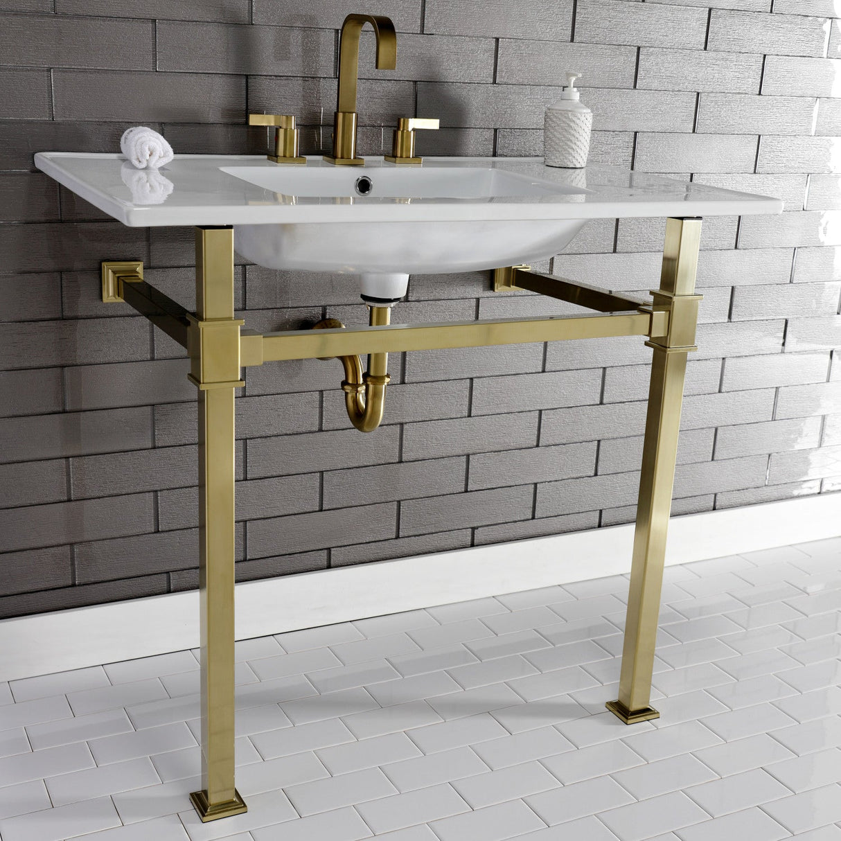 Fauceture KVPB37228Q7 37-Inch Ceramic Console Sink Set, White/Brushed Brass