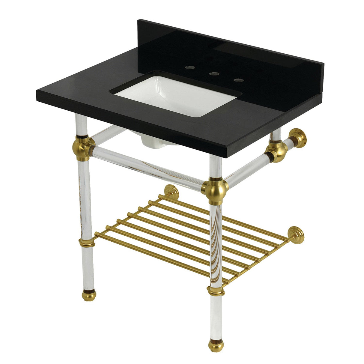 Templeton KVPK3030KASQB7 30-Inch Console Sink with Acrylic Legs (8-Inch, 3 Hole), Black Granite/Brushed Brass