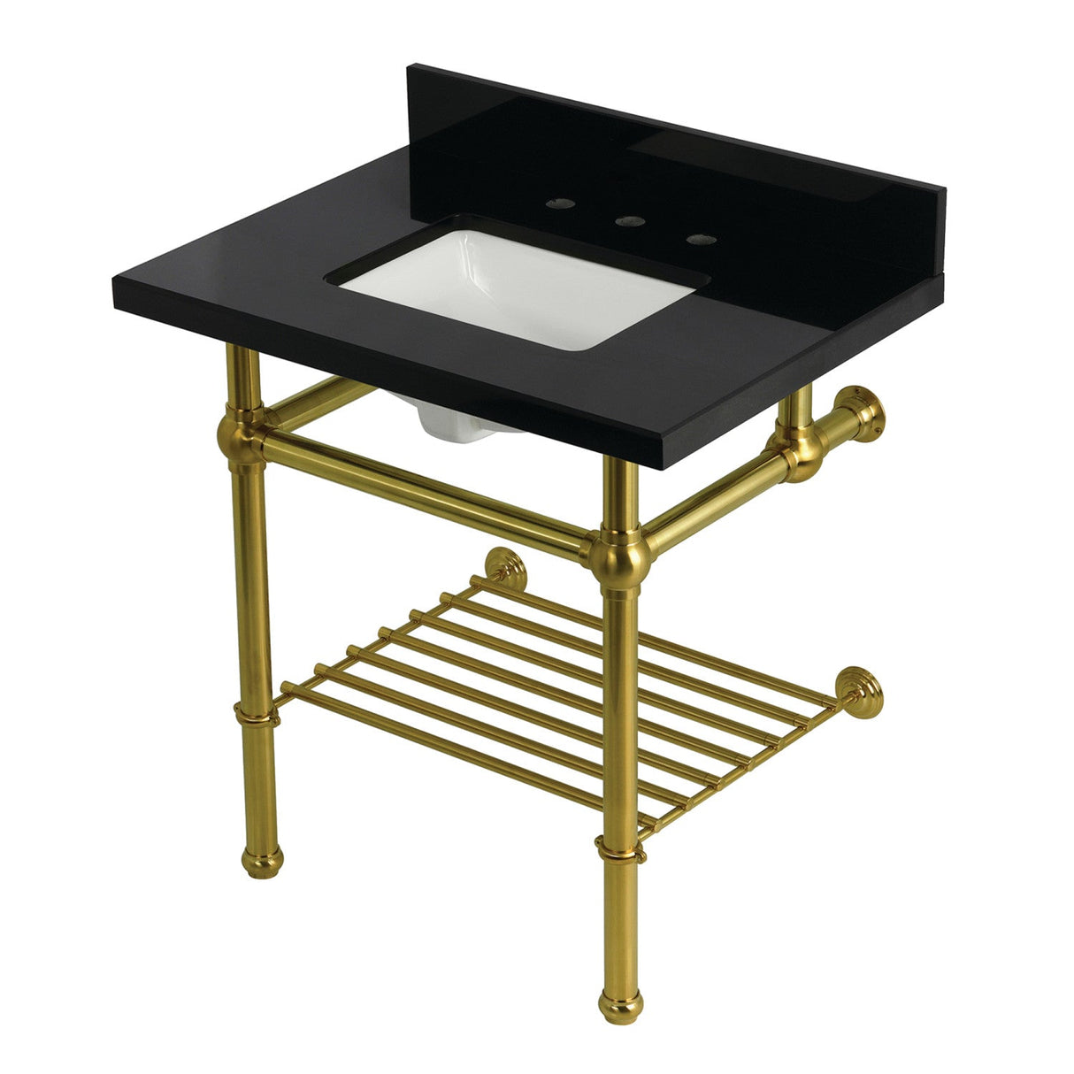 Templeton KVPK3030KBSQB7 30-Inch Console Sink with Brass Legs (8-Inch, 3 Hole), Black Granite/Brushed Brass