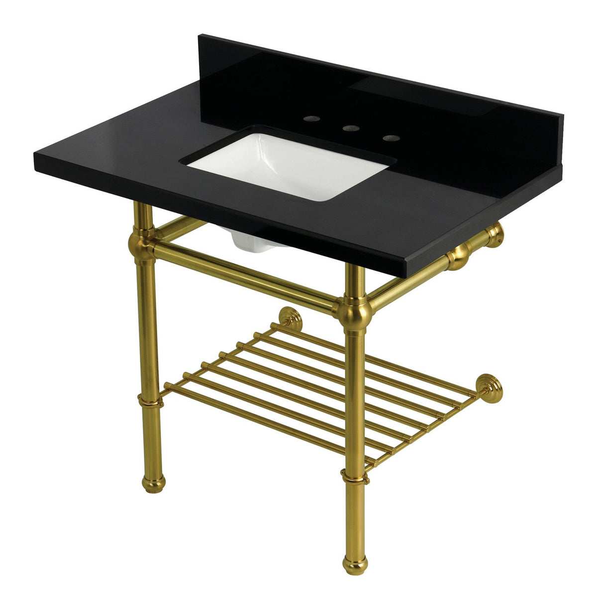 Templeton KVPK3630KBSQB7 36-Inch Console Sink with Brass Legs (8-Inch, 3 Hole), Black Granite/Brushed Brass