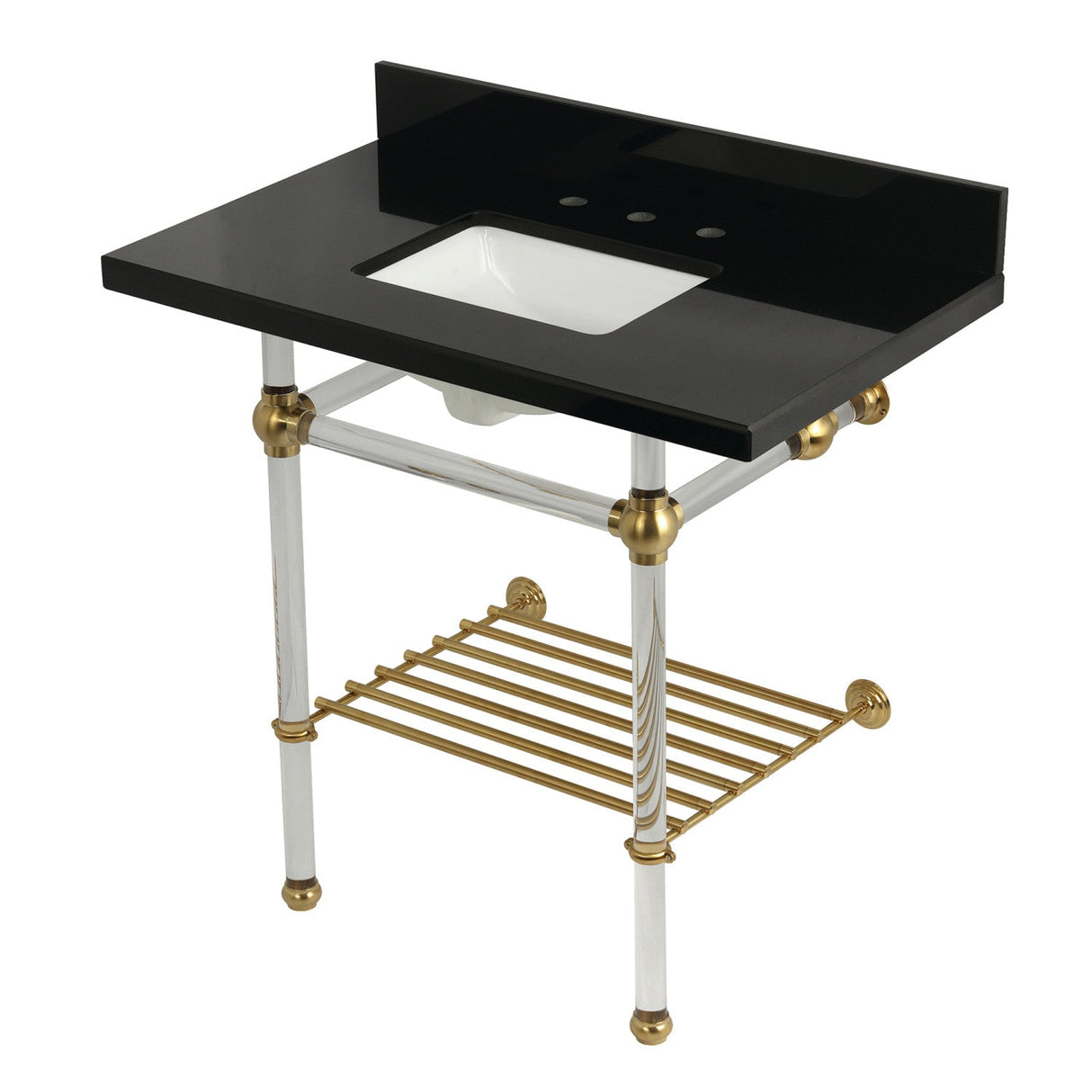 Templeton KVPK36KASQB7 36-Inch Console Sink with Acrylic Legs (8-Inch, 3 Hole), Black Granite/Brushed Brass