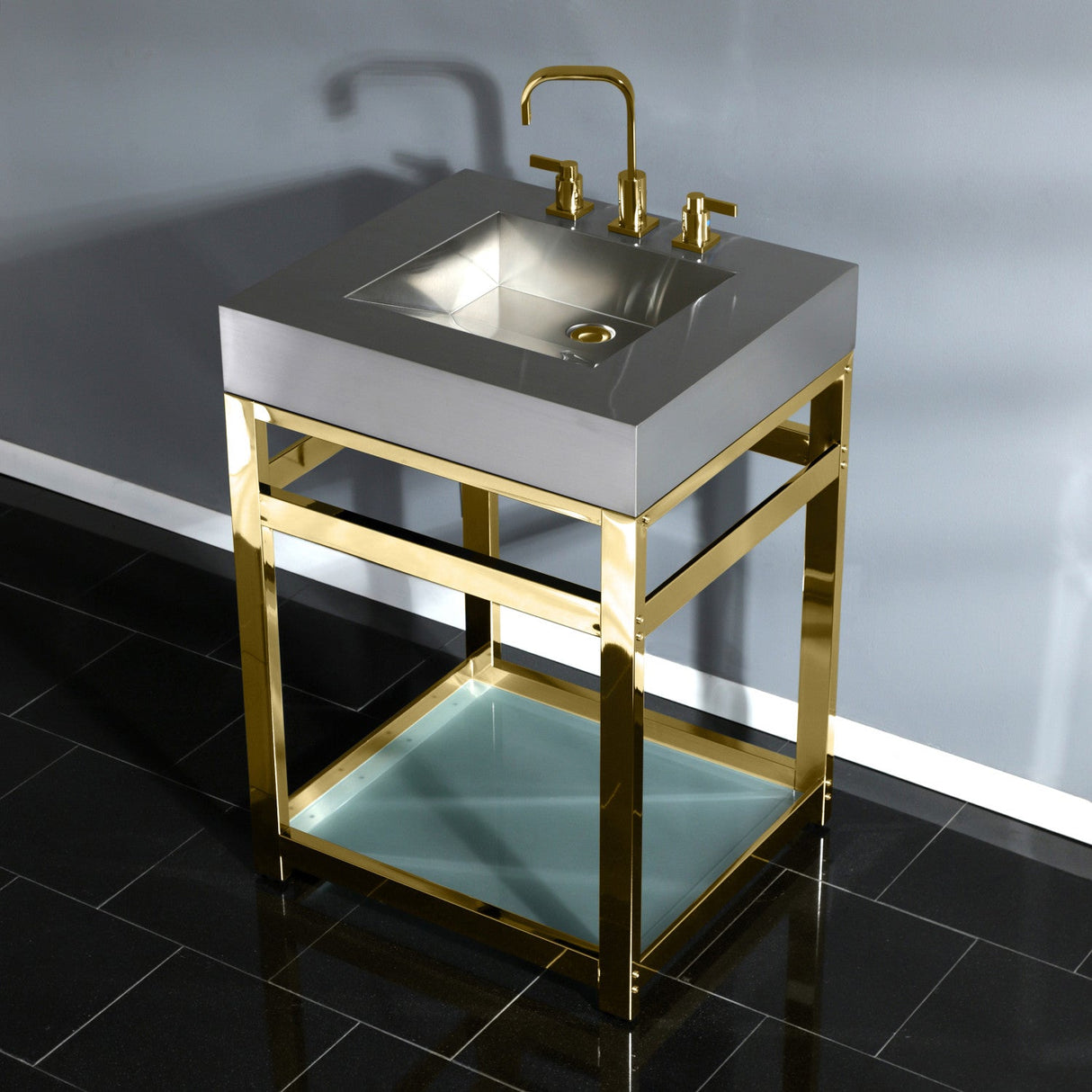 Kingston Commercial KVSP2522B2 Stainless Steel Console Sink with Glass Shelf, Brushed/Polished Brass