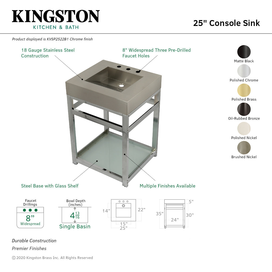 Kingston Commercial KVSP2522B8 Stainless Steel Console Sink with Glass Shelf, Brushed/Brushed Nickel