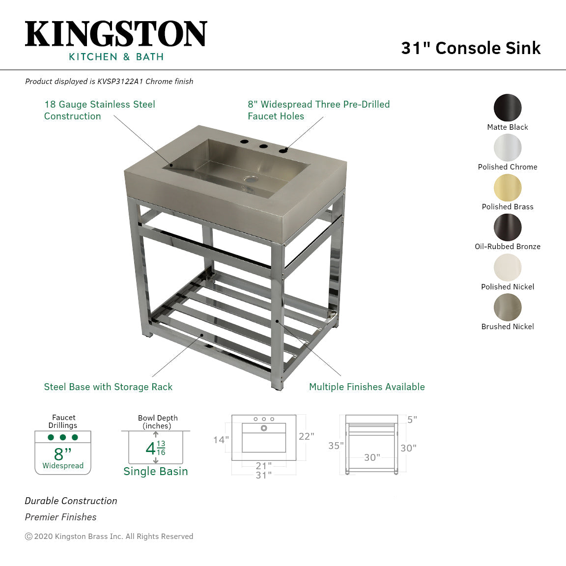 Kingston Commercial KVSP3122A2 Stainless Steel Console Sink, Brushed/Polished Brass