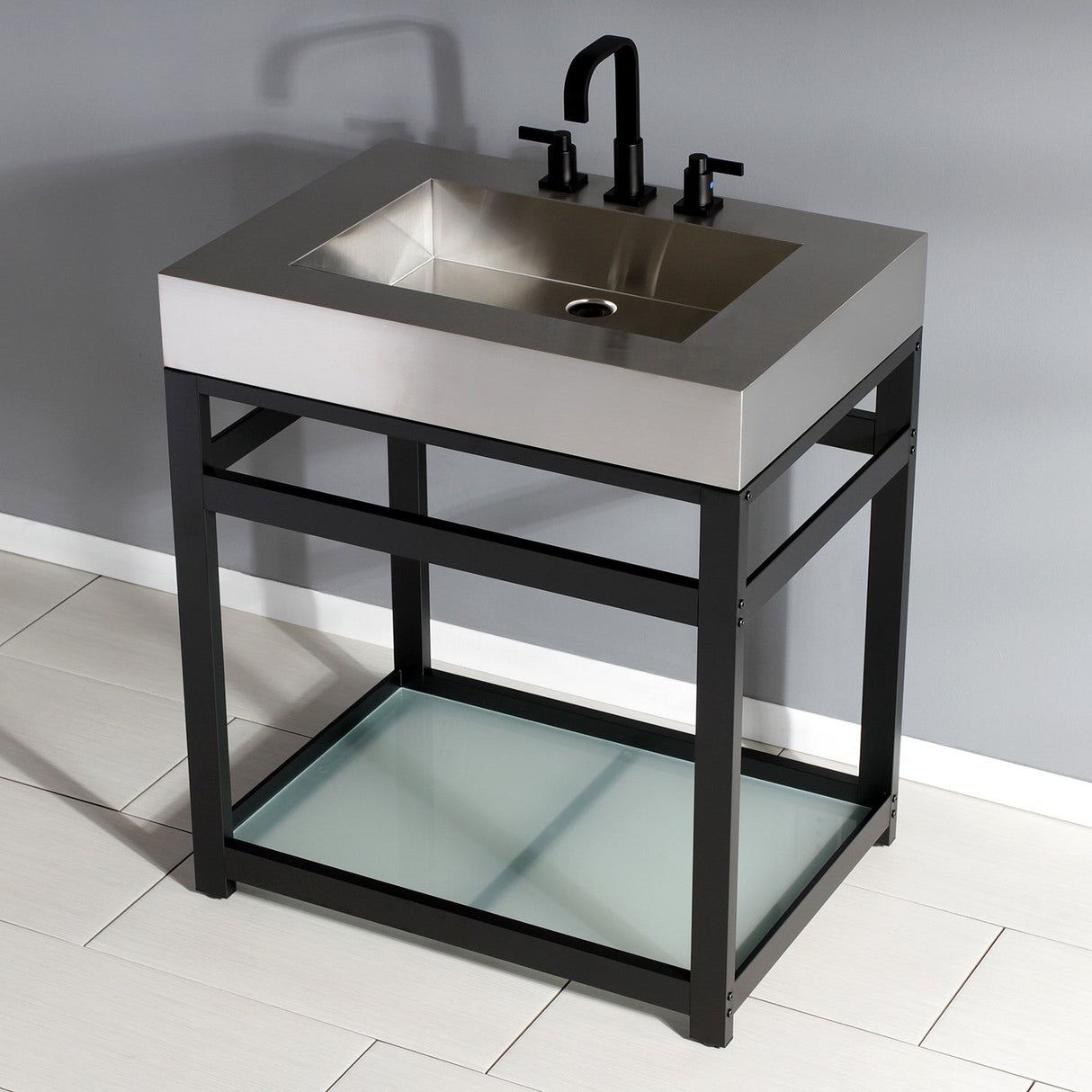 Kingston Commercial KVSP3122B0 Stainless Steel Console Sink with Glass Shelf, Brushed/Matte Black