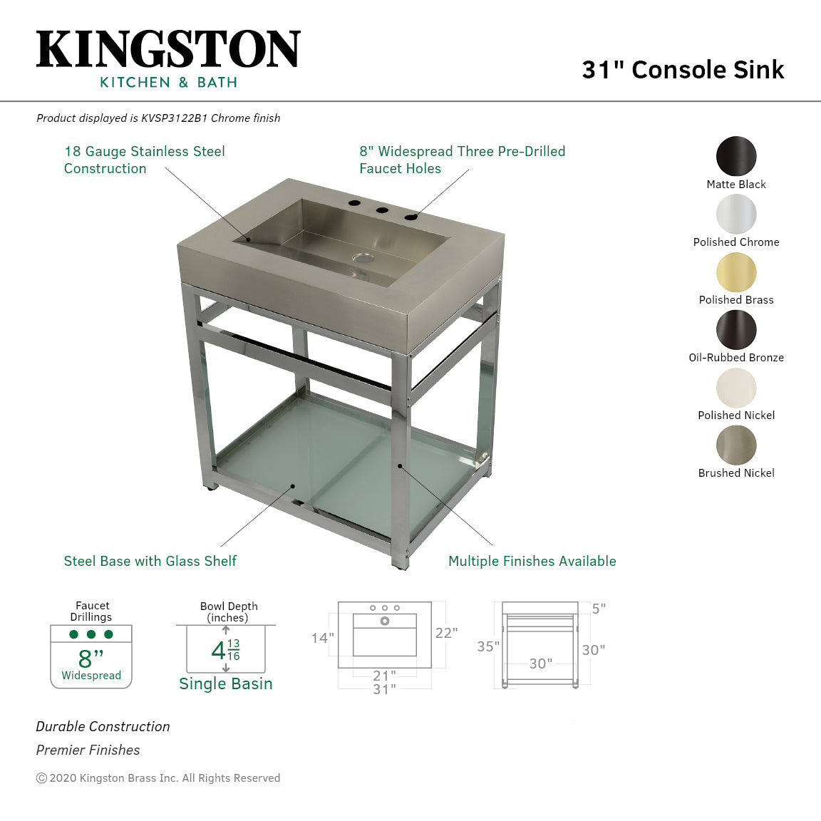 Kingston Commercial KVSP3122B2 Stainless Steel Console Sink with Glass Shelf, Brushed/Polished Brass