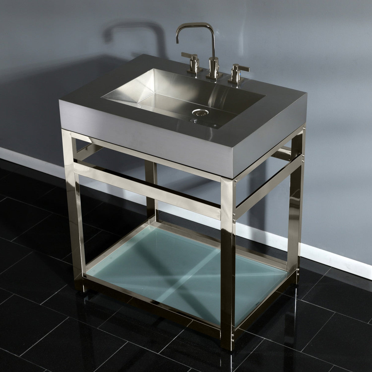 Kingston Commercial KVSP3122B6 Stainless Steel Console Sink with Glass Shelf, Brushed/Polished Nickel