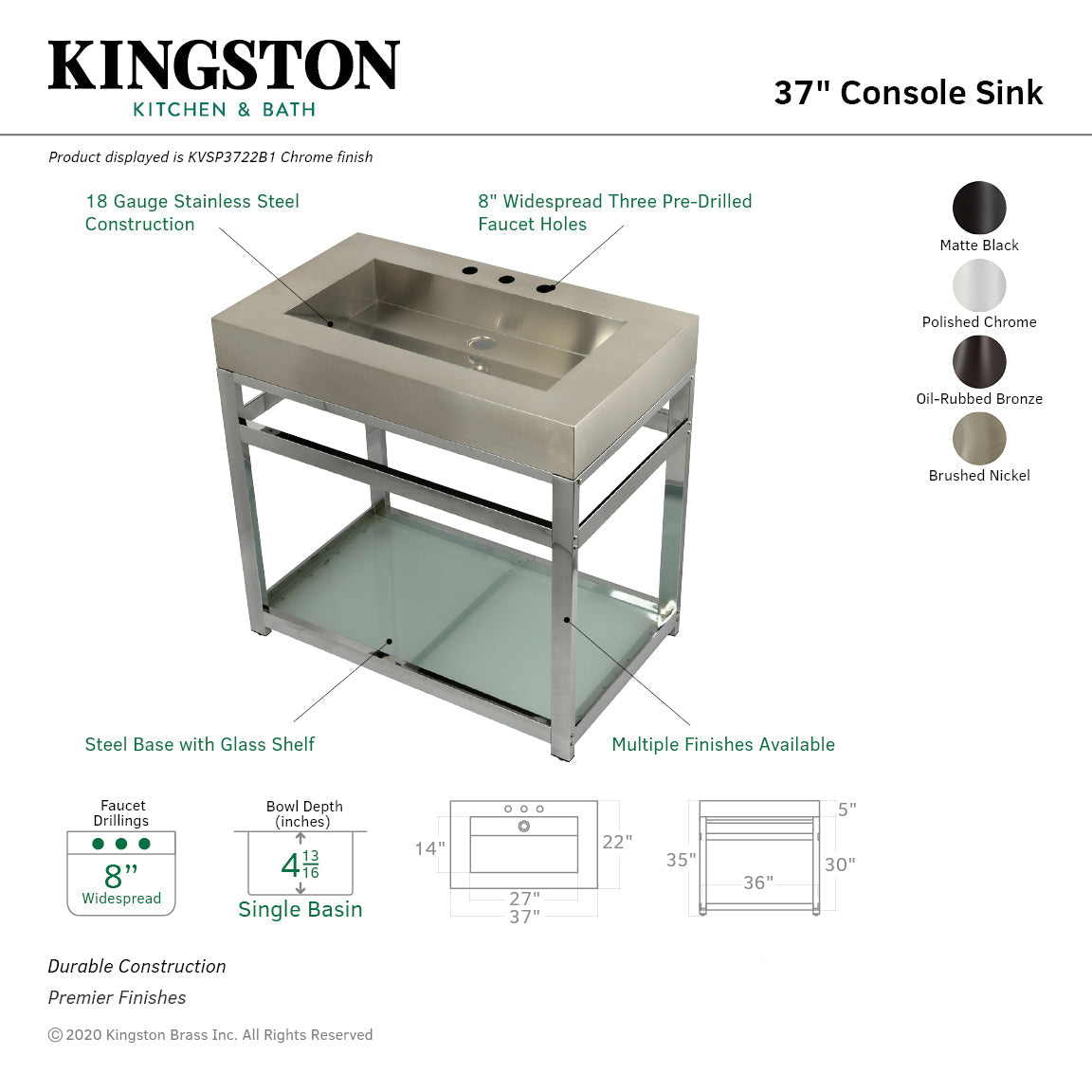 Kingston Commercial KVSP3722B1 Stainless Steel Console Sink with Glass Shelf, Brushed/Polished Chrome