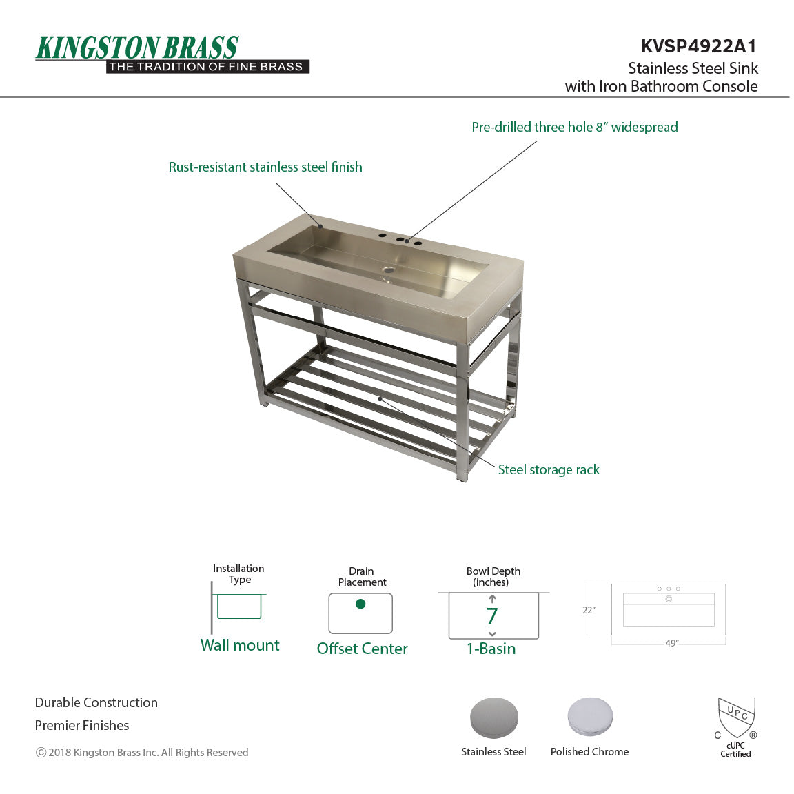 Kingston Commercial KVSP4922A1 Stainless Steel Console Sink, Brushed/Polished Chrome