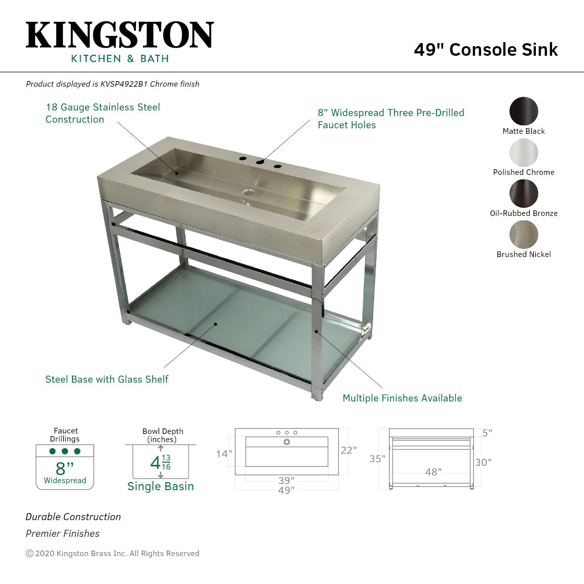 Kingston Commercial KVSP4922B5 Stainless Steel Console Sink with Glass Shelf, Brushed/Oil Rubbed Bronze