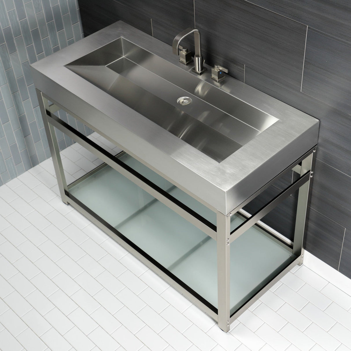 Kingston Commercial KVSP4922B8 Stainless Steel Console Sink with Glass Shelf, Brushed/Brushed Nickel