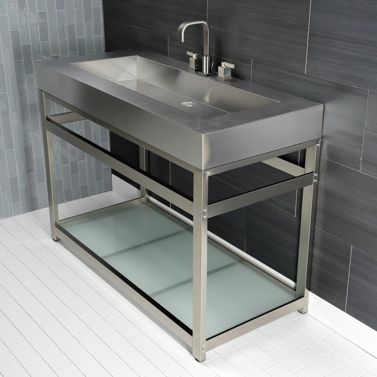 Kingston Commercial KVSP4922B8 Stainless Steel Console Sink with Glass Shelf, Brushed/Brushed Nickel