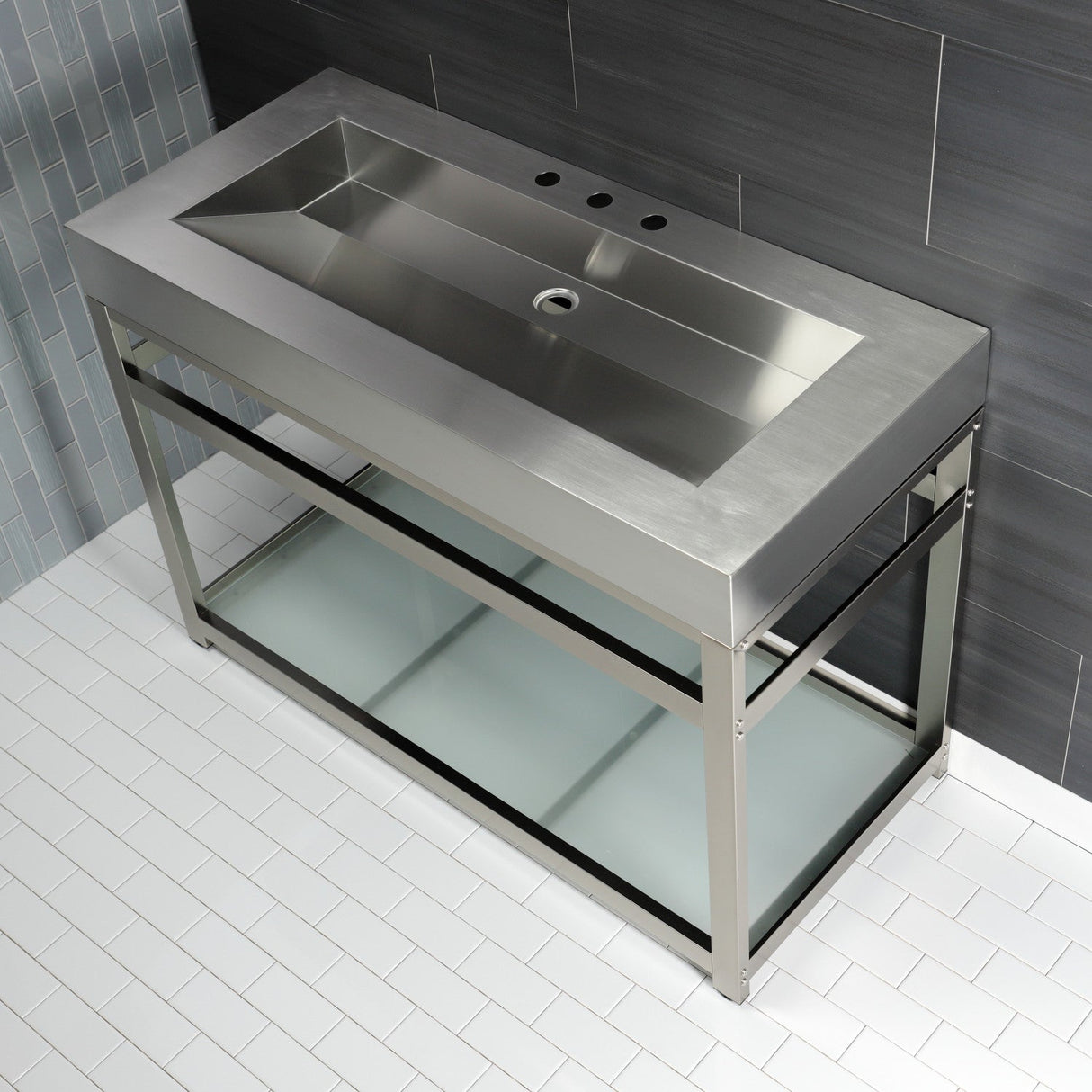 Kingston Commercial KVSP4922B8 Stainless Steel Console Sink with Glass Shelf, Brushed/Brushed Nickel