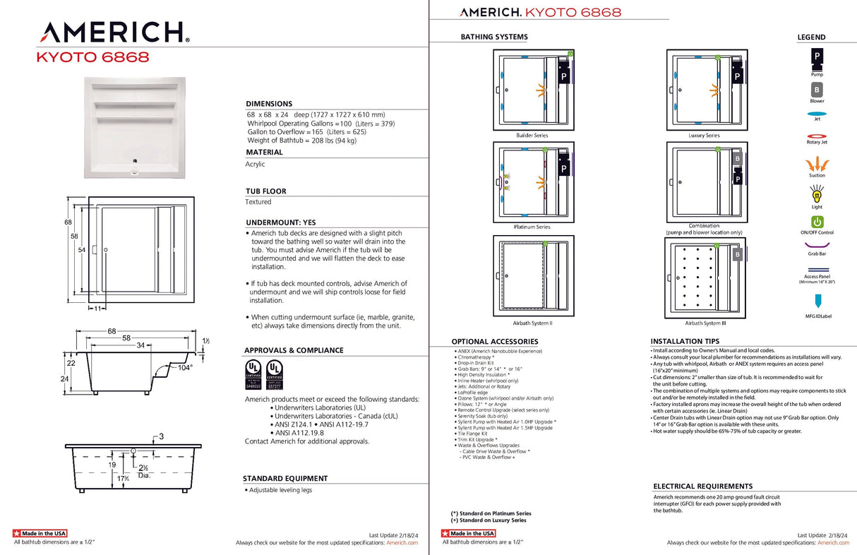 Americh KY6868TA5-BI Kyoto 6868 - Tub Only / Airbath 5 - Biscuit