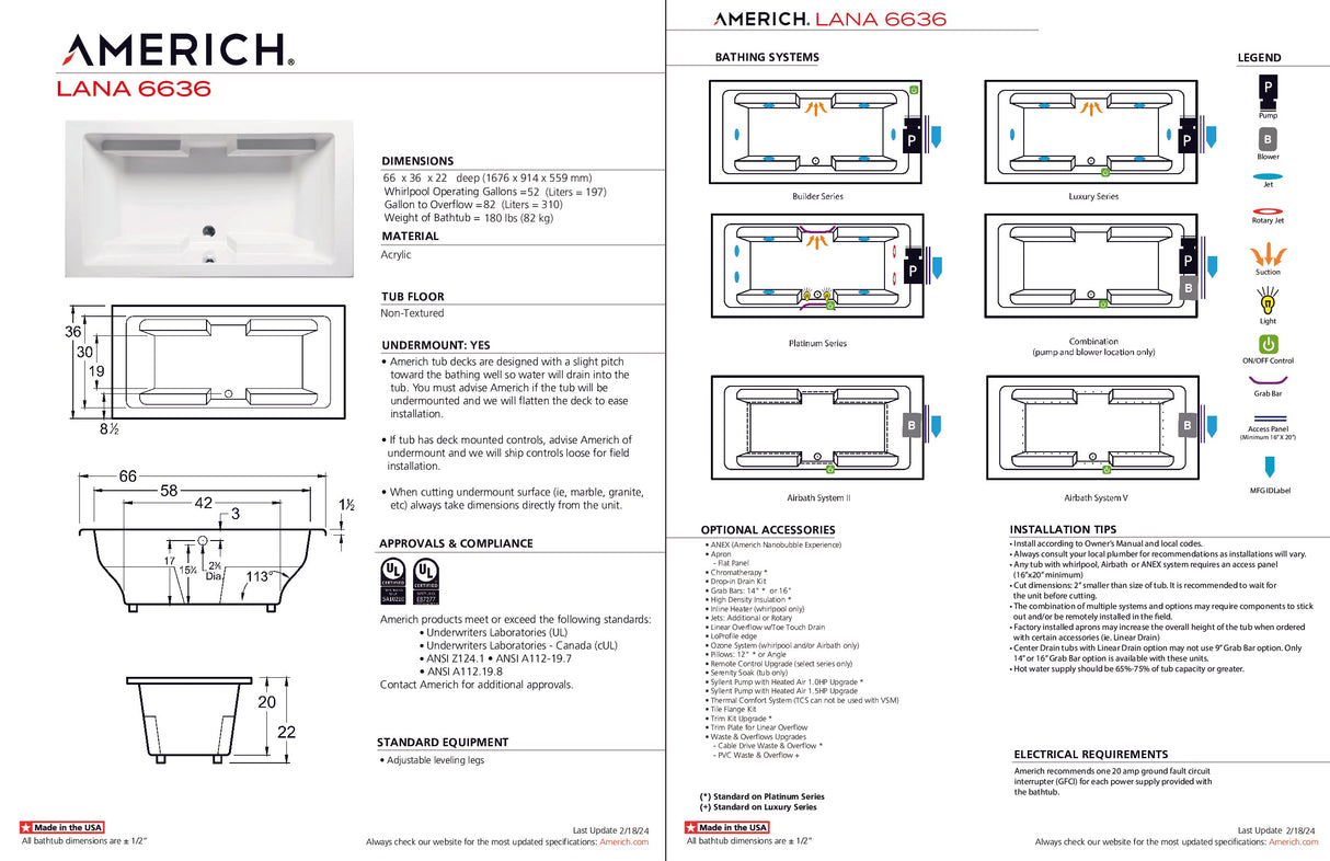 Americh LA6636TA5-BI Lana 6636 - Tub Only / Airbath 5 - Biscuit