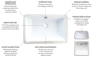 Castillo LB21137 Ceramic Rectangular Undermount Bathroom Sink, White