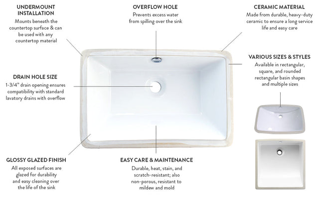 Castillo LB21137 Ceramic Rectangular Undermount Bathroom Sink, White