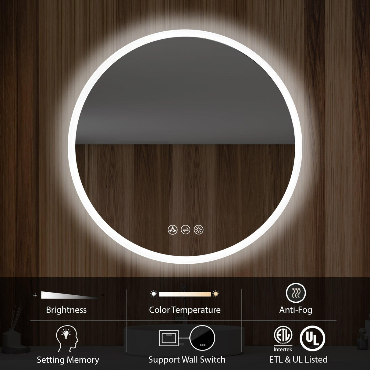 Blossom Orion Round LED Frosted Side Mirror, Adjustable Light, Built-In Defogger