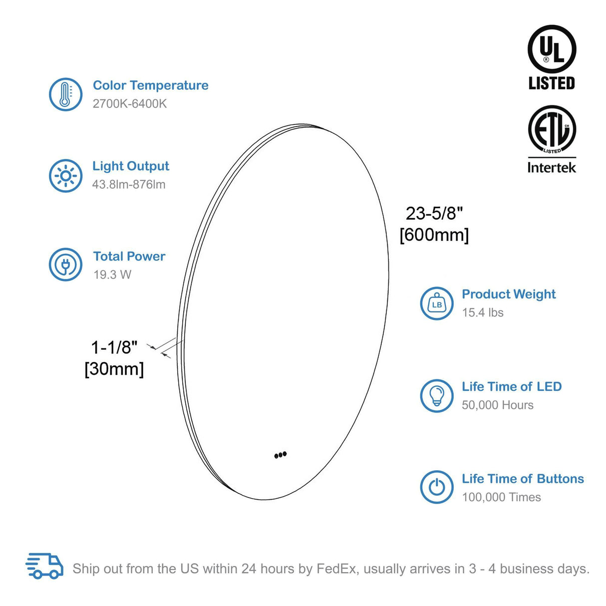 Blossom Orion Round LED Frosted Side Mirror, Adjustable Light, Built-In Defogger