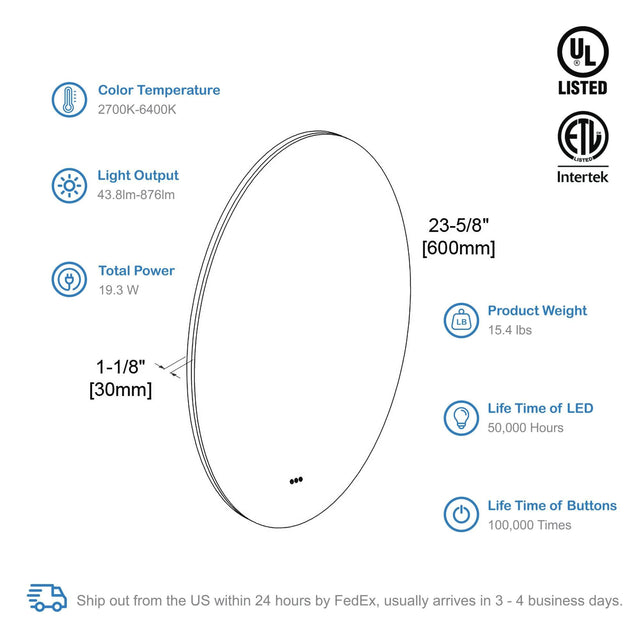 Blossom Orion Round LED Frosted Side Mirror, Adjustable Light, Built-In Defogger