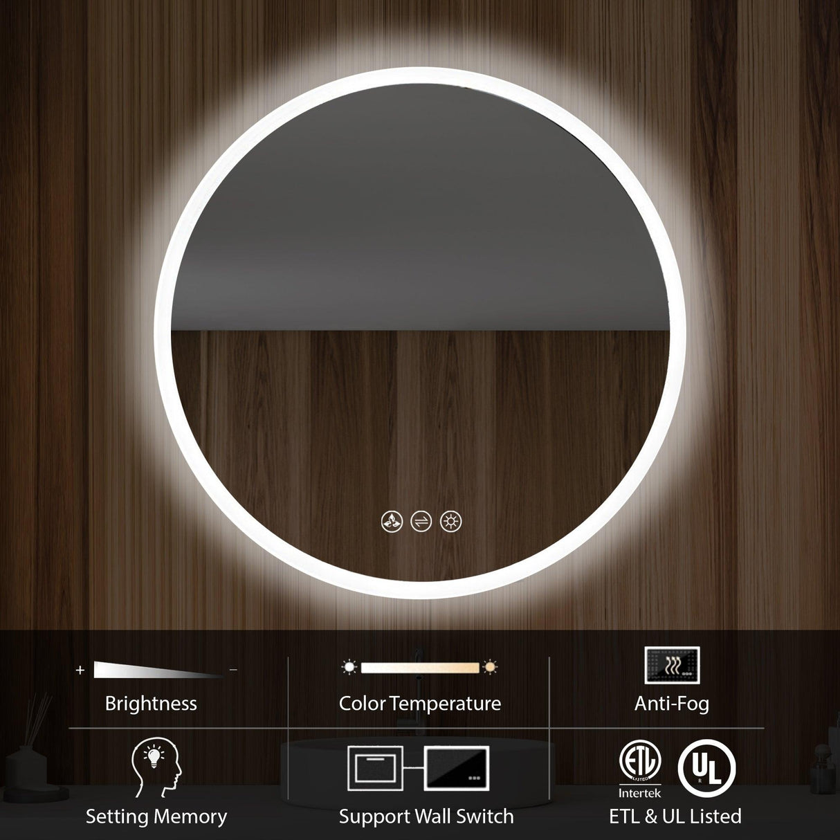 Blossom Orion Round LED Frosted Side Mirror, Adjustable Light, Built-In Defogger